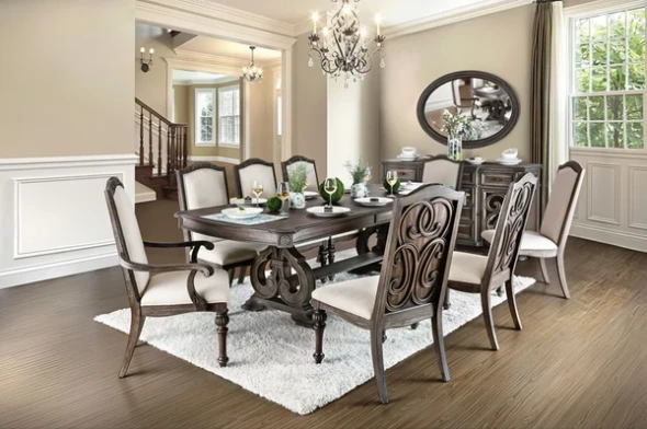 Furniture of America - Arcadia 9 Pc. Dining Table Set (2AC+6SC) in Rustic Natural Tone/Ivory