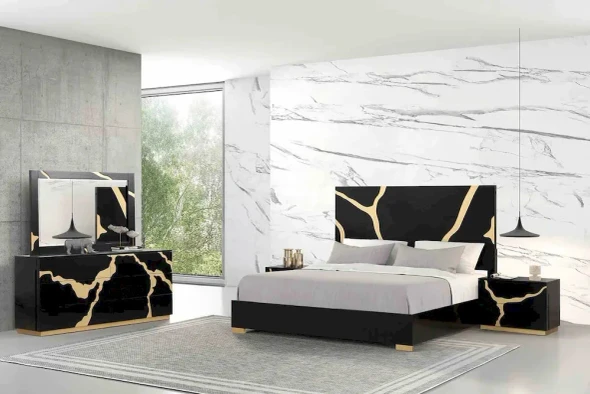 Furniture of America - Goldsberg - 4 Pc. Queen Bedroom Set w/ 2NS - Black/Gold