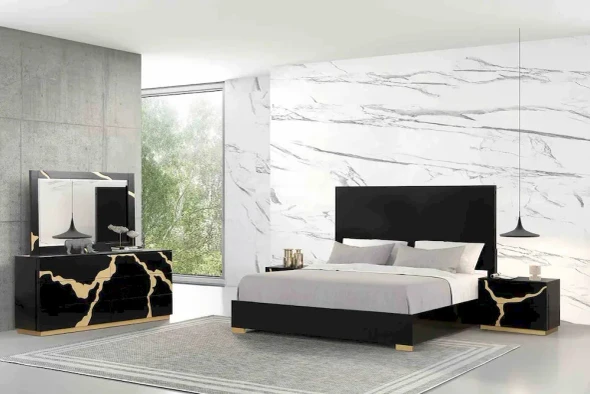 Furniture of America - Goldsberg - 4 Pc. Queen Bedroom Set w/ 2NS - Black/Gold