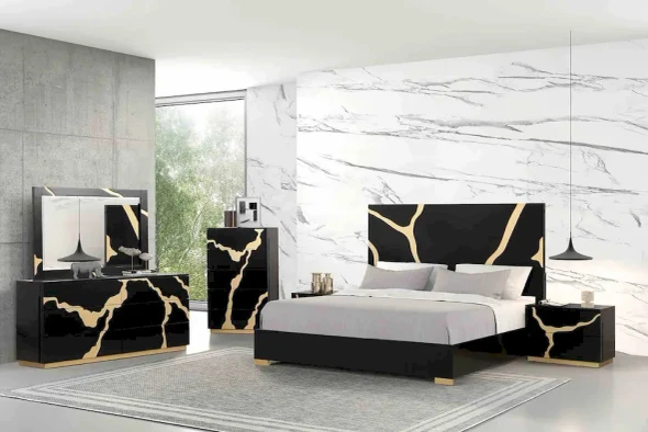 Furniture of America - Goldsberg - 4 Pc. Queen Bedroom Set w/ Chest - Black/Gold