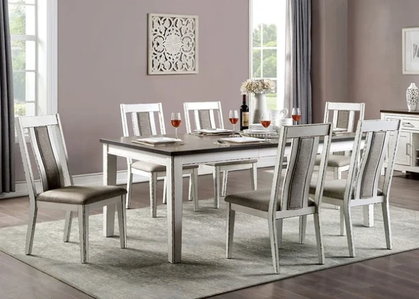 Furniture of America - Halsey 7 Pc. Dining Table Set in Weathered White/Dark Walnut