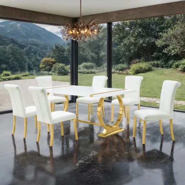 Furniture of America - Holbaek - 6 Pc. Dining Table Set, Gold - 80", GW Chair