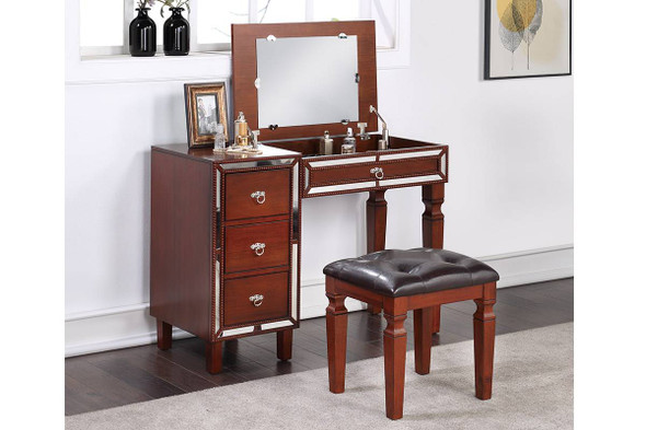 Cherry Mirrored Trim Vanity Cabinet Storage Drop Down Mirror Stool Set