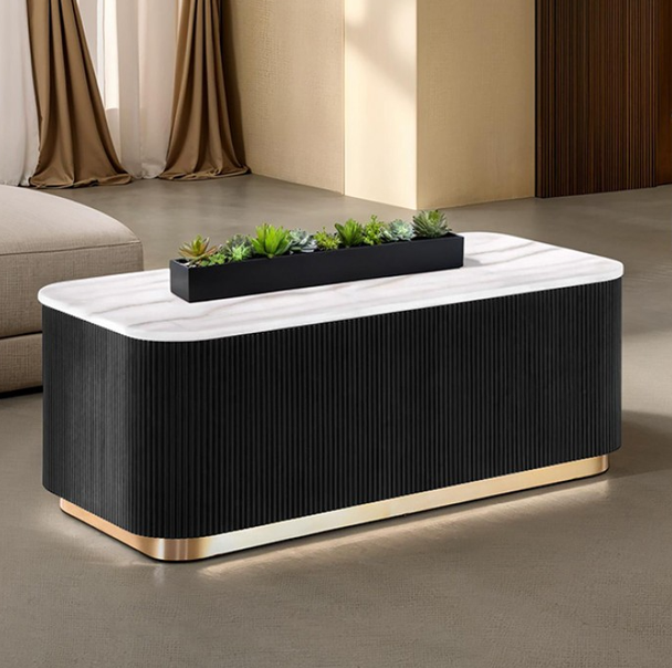 Genuine Marble Table Top, Stainless Steel Gold Stainless Steel Accent Rectangle Coffee Table