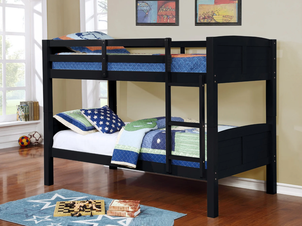 Twin Over Twin Black Finish Solid Wood Bunk Bed Frame