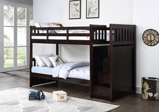 Twin / Twin Bunk Bed Frame Reversible Staircase with Drawers Espresso Finish