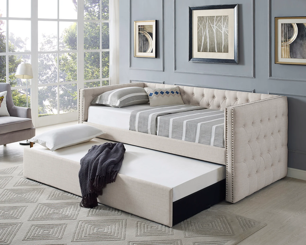 Twin Size Day Bed with Trundle Beige Linen
