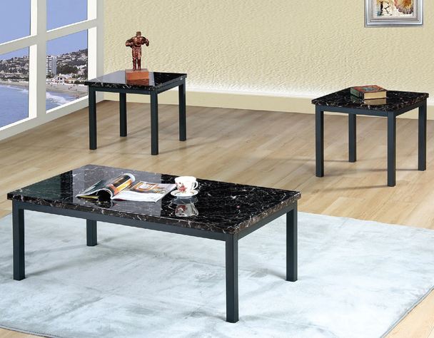 Hopkins Faux Marble Top Black Base Living Room Coffee End Table Set 3pc