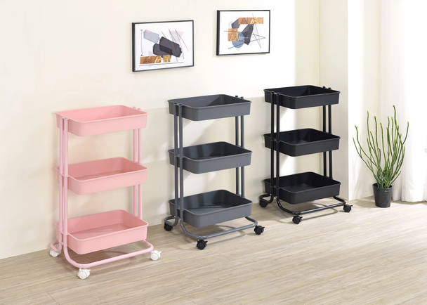 3-Tier Metal Rack Plastic Trays & Casters Comes in Black, Grey, or Pink Color