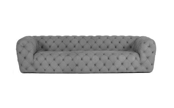 Italian Grey Nubuck Leather Diamond Button Tufted 3-Seater Couch Sofa