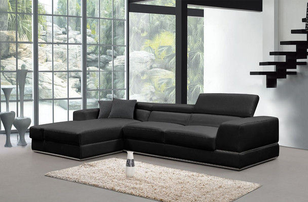 Italian Leather/Leather Split Modern Black Leather Left Facing Sectional Sofa