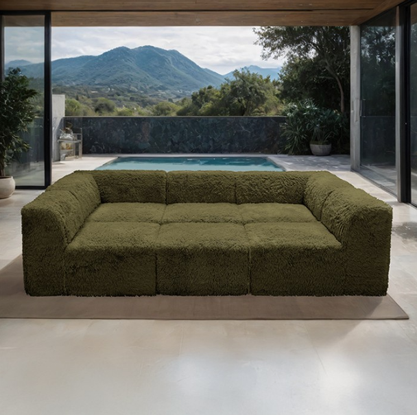 Olive Green Faux Fur, Compressed High Density Foam Modular Design Couch Sofa Sectional