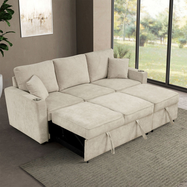 Furniture of America Beige Couch Sofa Sectional With Pull-Out Sleeper Sofa Bed FM6965BG-SF-PK