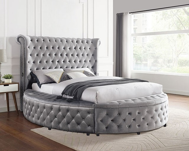 King Size Sansom Grey Glam Bed Frame Button Tufted With USB