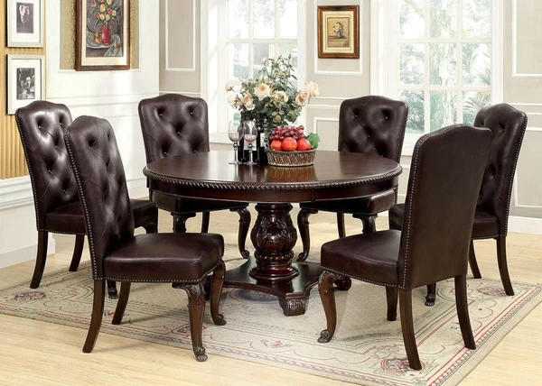 Furniture of America - Bellagio Table + 6 Leatherette Chairs in Brown Cherry