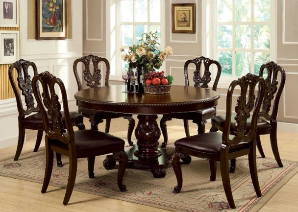 Furniture of America - Bellagio Table + 6 Wooden Chairs in Brown Cherry - CM3319RT-7PC-WOOD