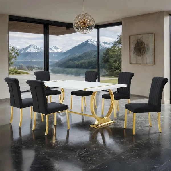 Furniture of America - Holbaek - 6 Pc. Dining Table Set, Gold - 80", GB Chair