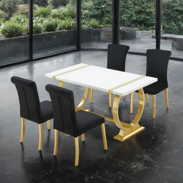 Furniture of America - Holstebro - 5 Pc. Dining Table Set, Gold - 60"/Gold Chair - Gold/White/Black