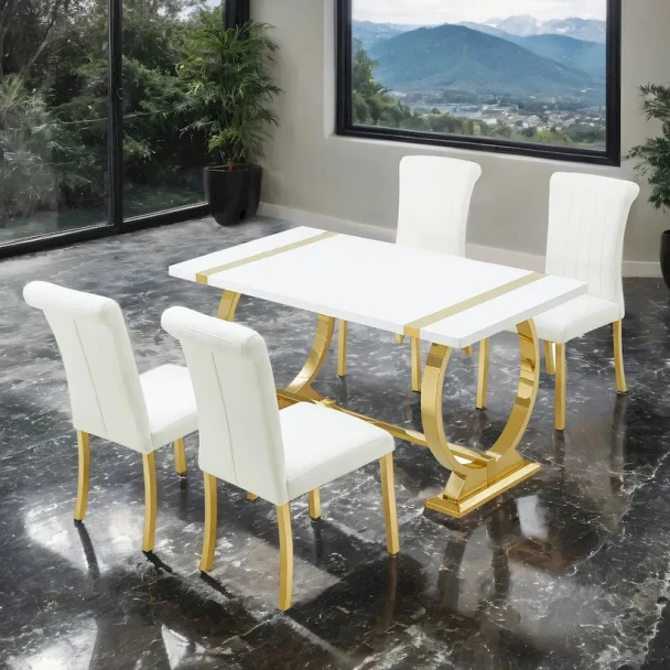 Furniture of America - Holstebro - 5 Pc. Dining Table Set, Gold - 60"/Gold Chair - Gold/White