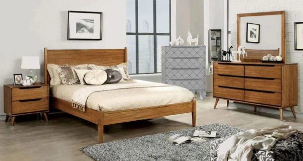 Furniture of America - Lennart 5 Pc. Queen Bedroom Set w/ 2NS in Oak