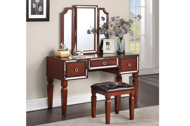 Retro Glam Cherry Finish  Mirrored Accents 3 piece Vanity Set