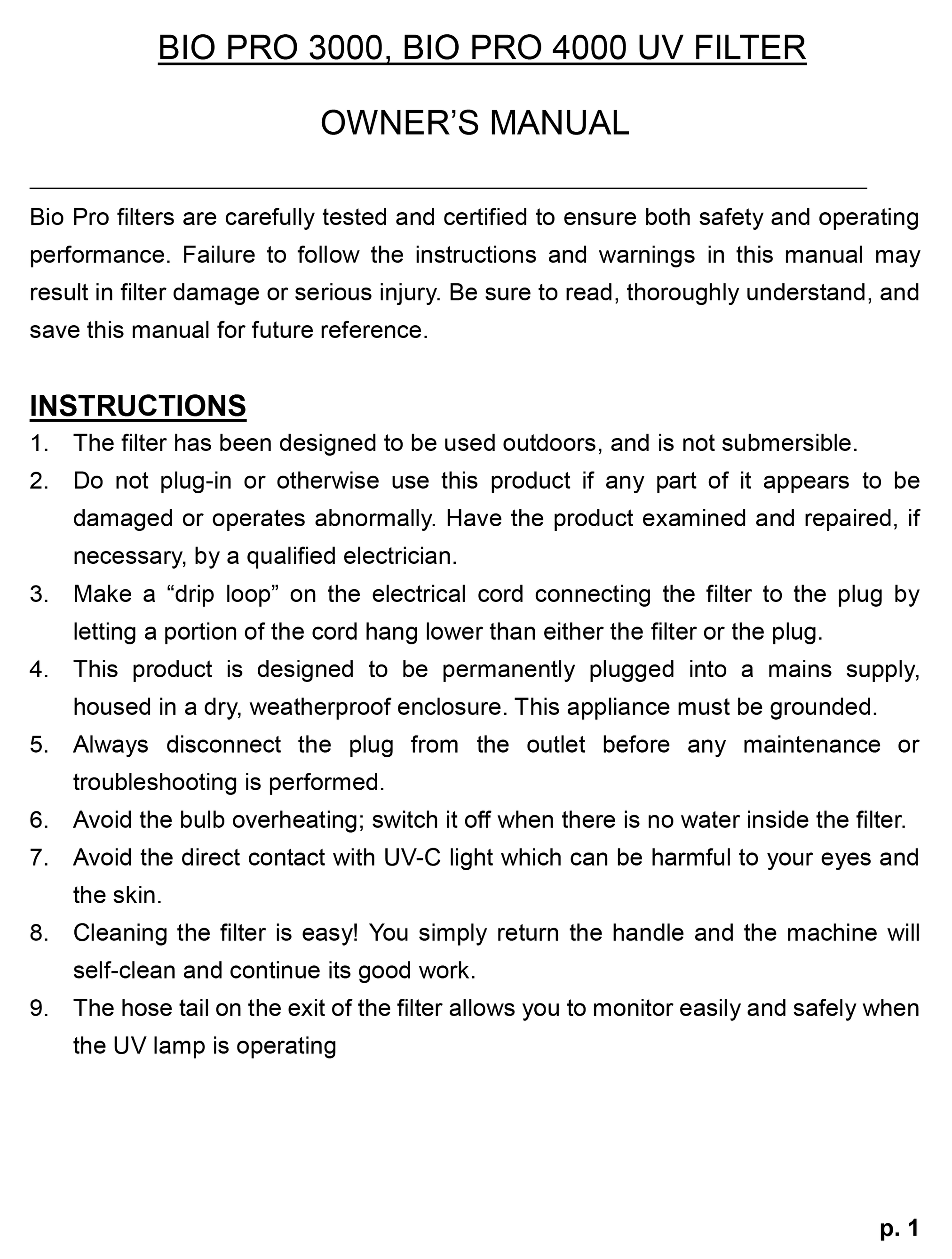 BioPro Pressure Filter Manual page 2 with table of contents and safety instructions