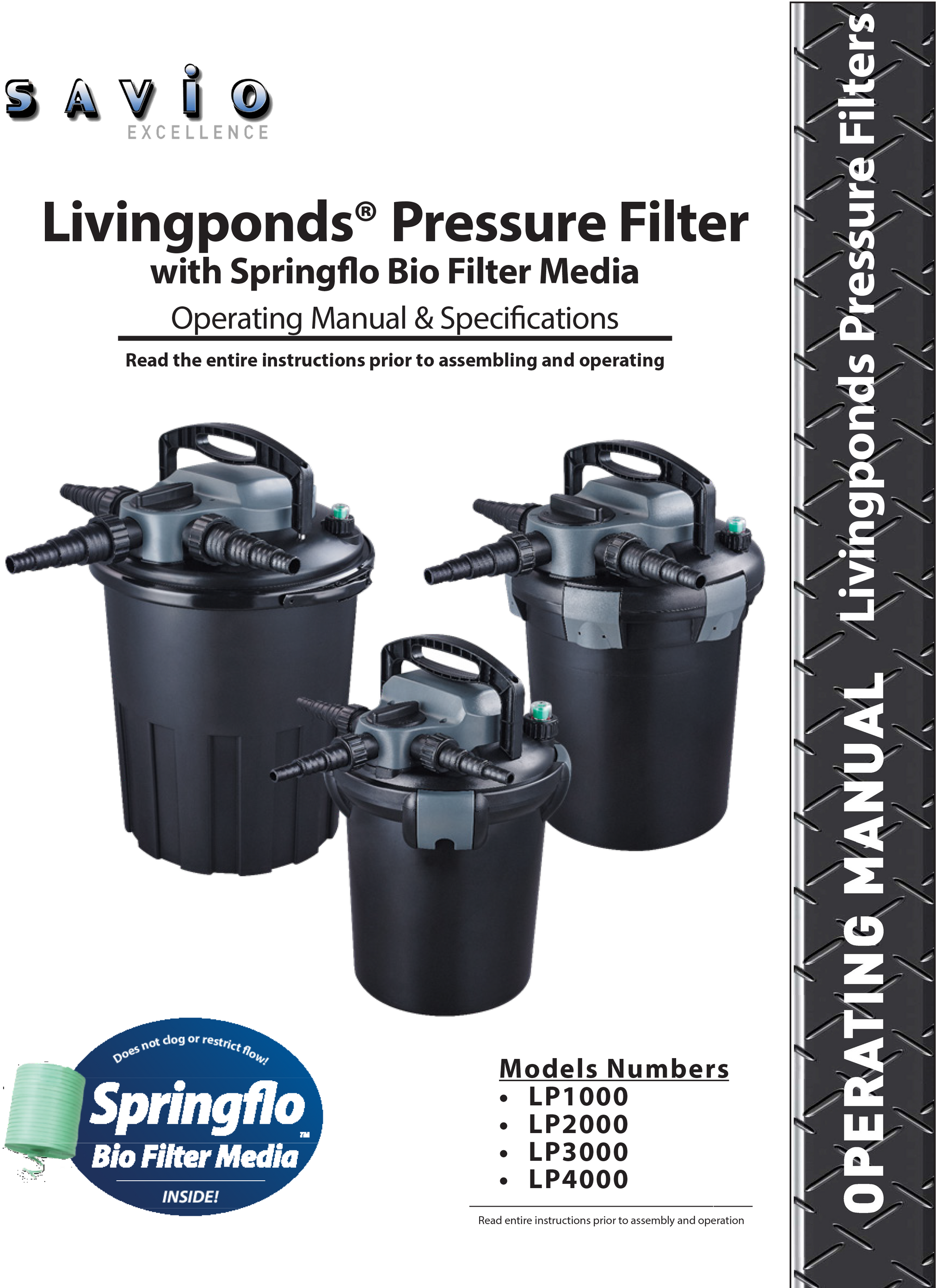 LivingPonds Pressure Filter Manual cover page with product image and title
