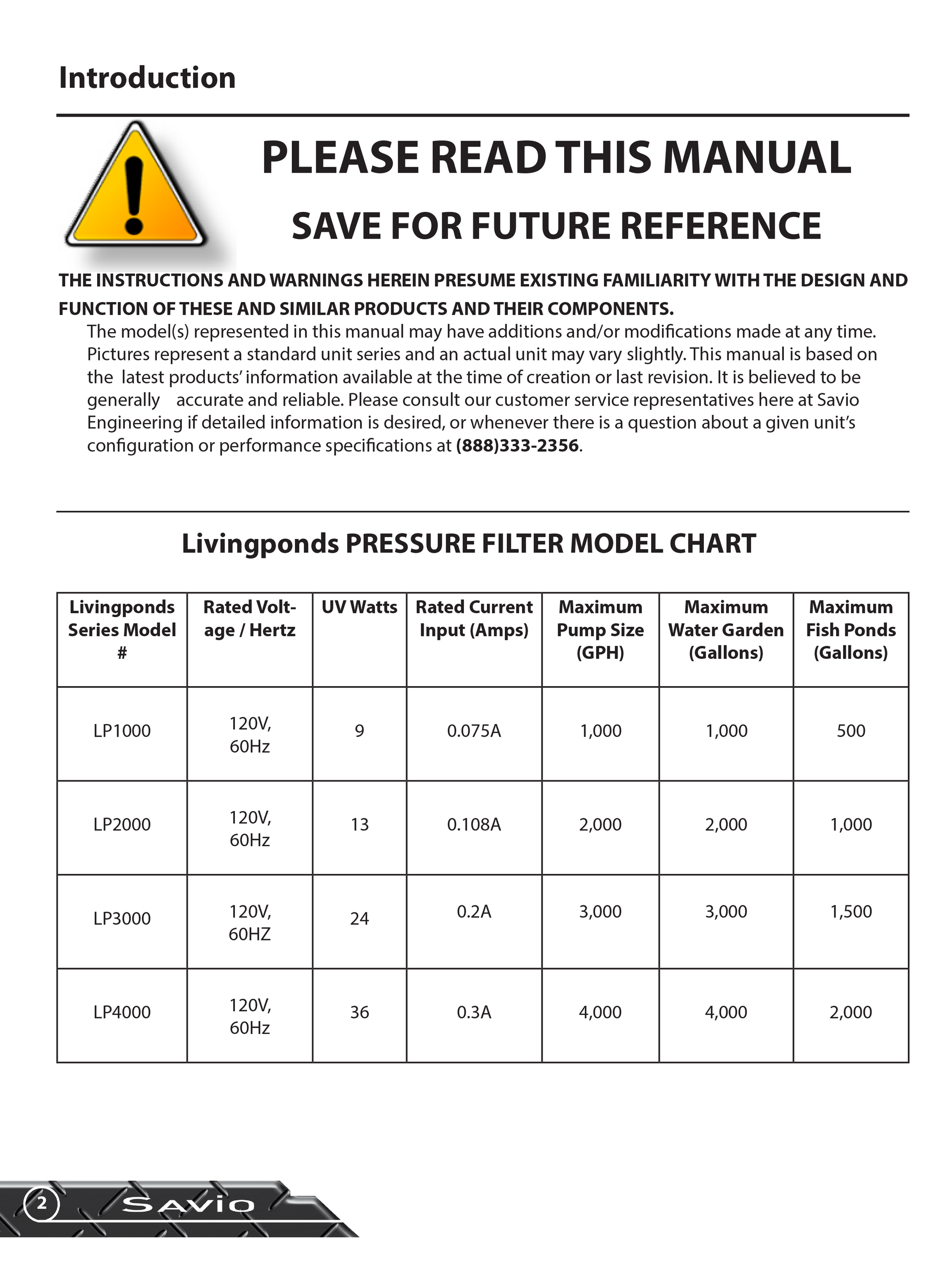 LivingPonds Pressure Filter Manual page 2 with table of contents and safety guidelines