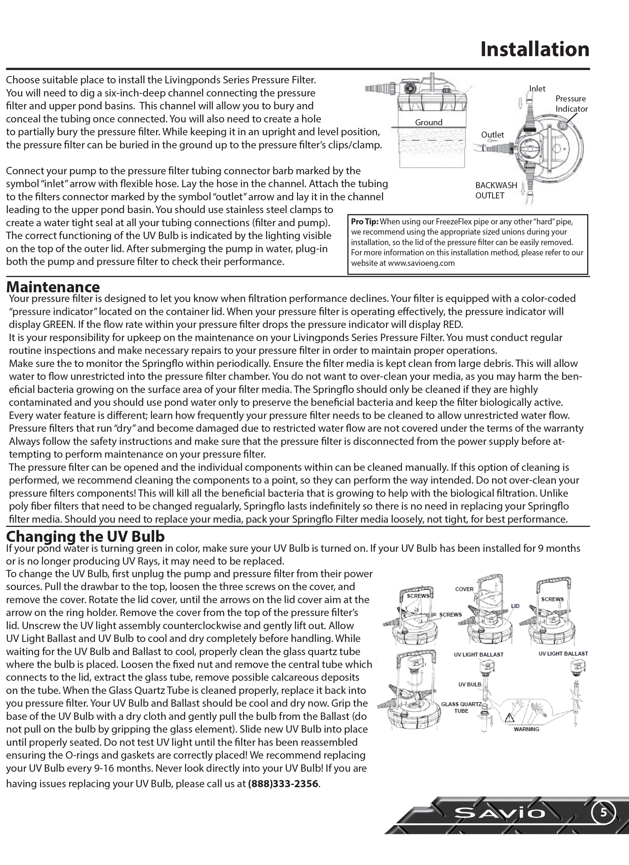 LivingPonds Pressure Filter Manual page 5 showing cleaning and maintenance information