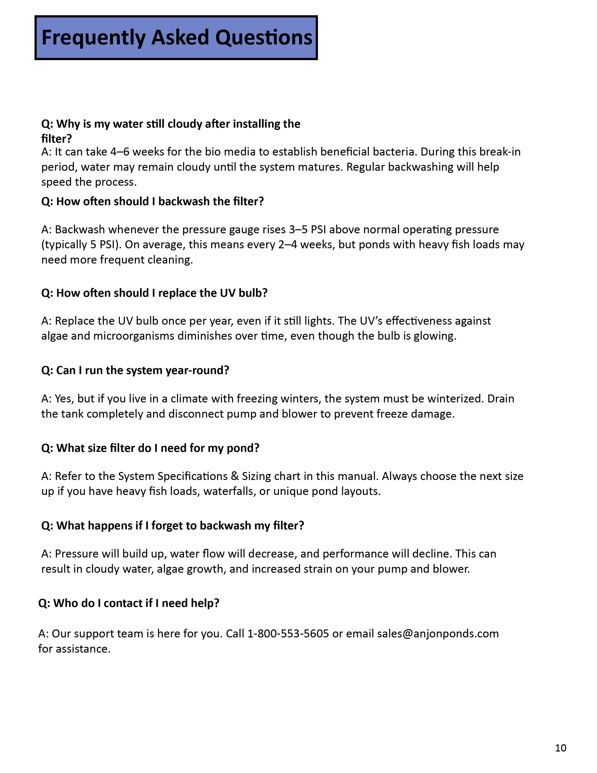 Living Ponds Manual page 11 – water return assembly guide