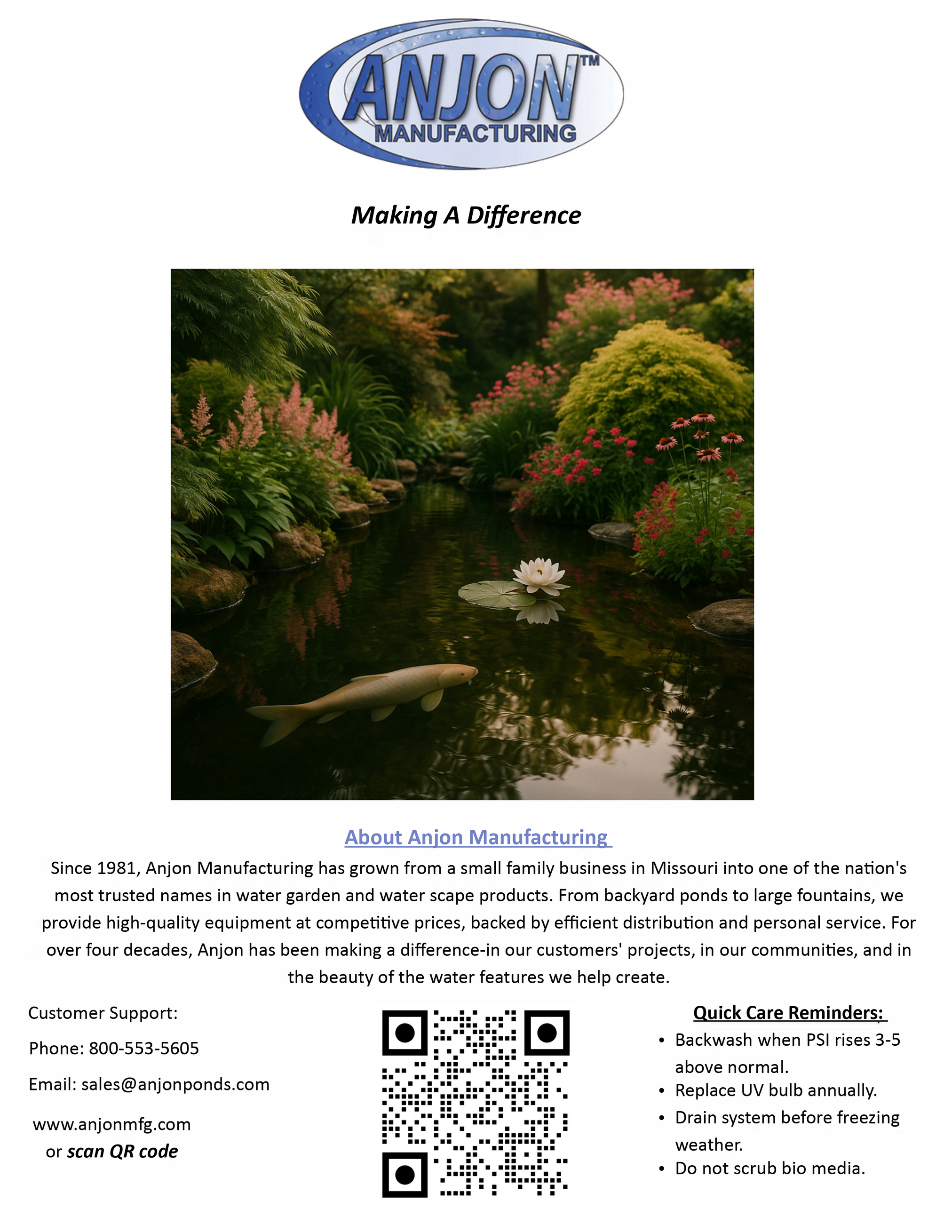 Living Ponds Manual page 14 – warranty and contact information
