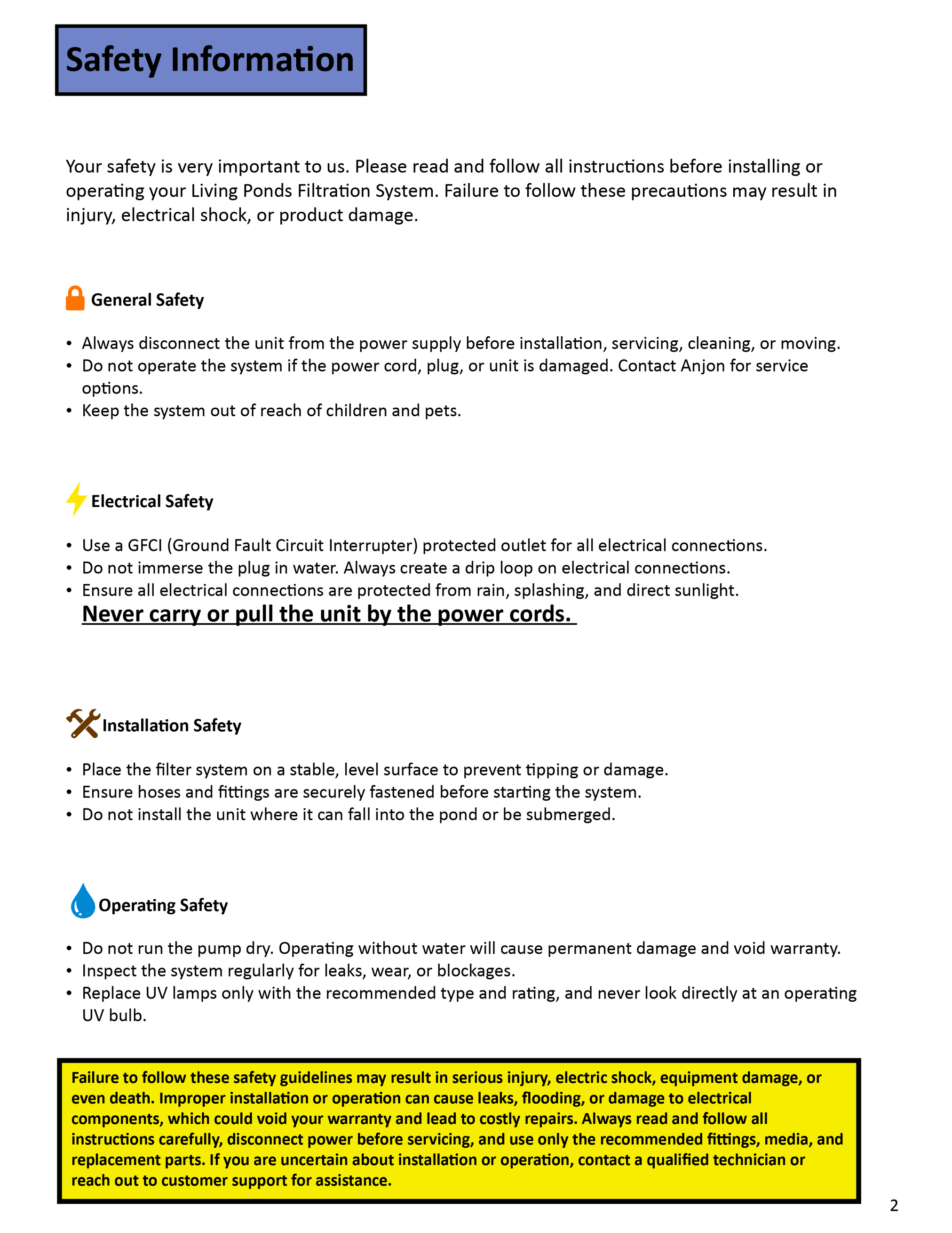 Living Ponds Manual page 3 – filter system details