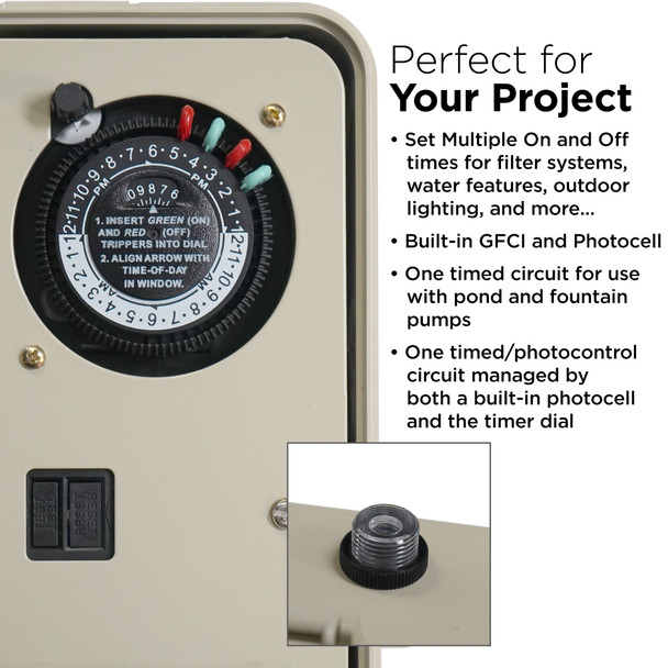 Set multiple times. Built in GFCI, and Photocell.