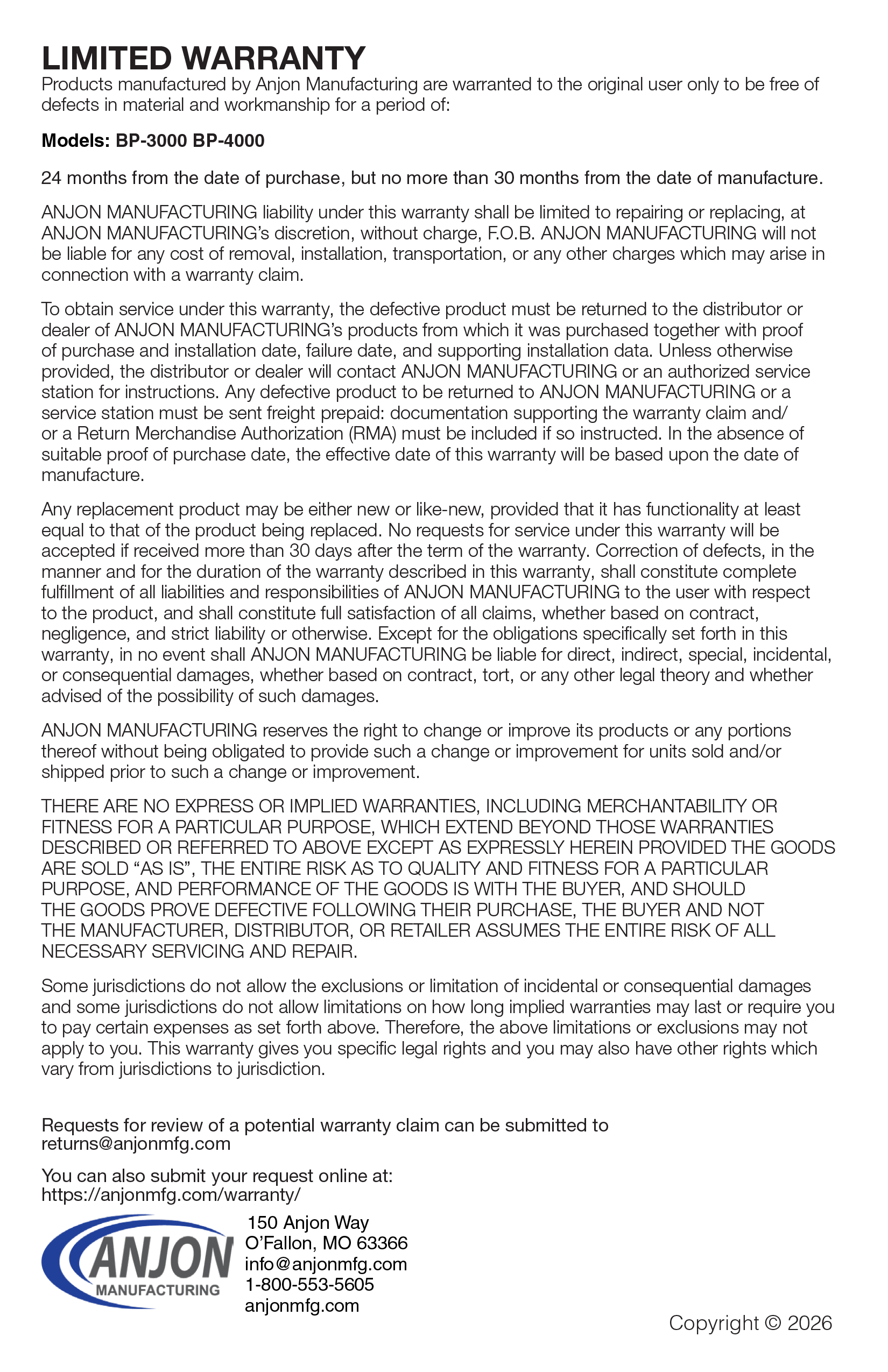 BioPro Pressure Filter Manual page 12 Warranty Information