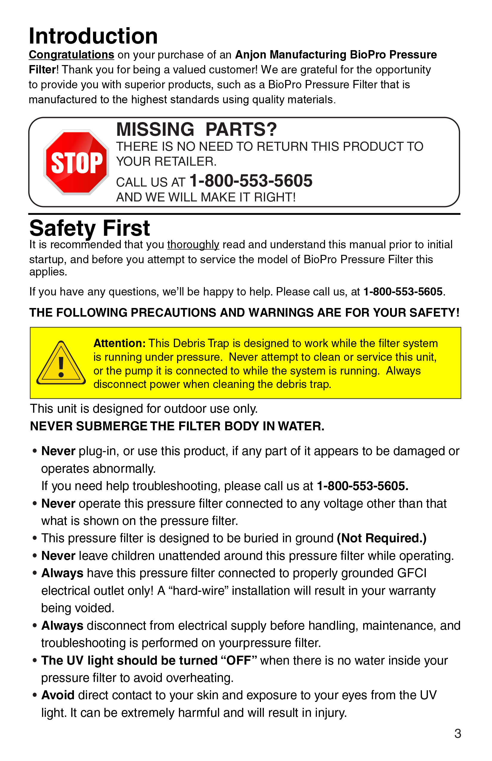 BioPro Pressure Filter Manual page 3 safety instructions