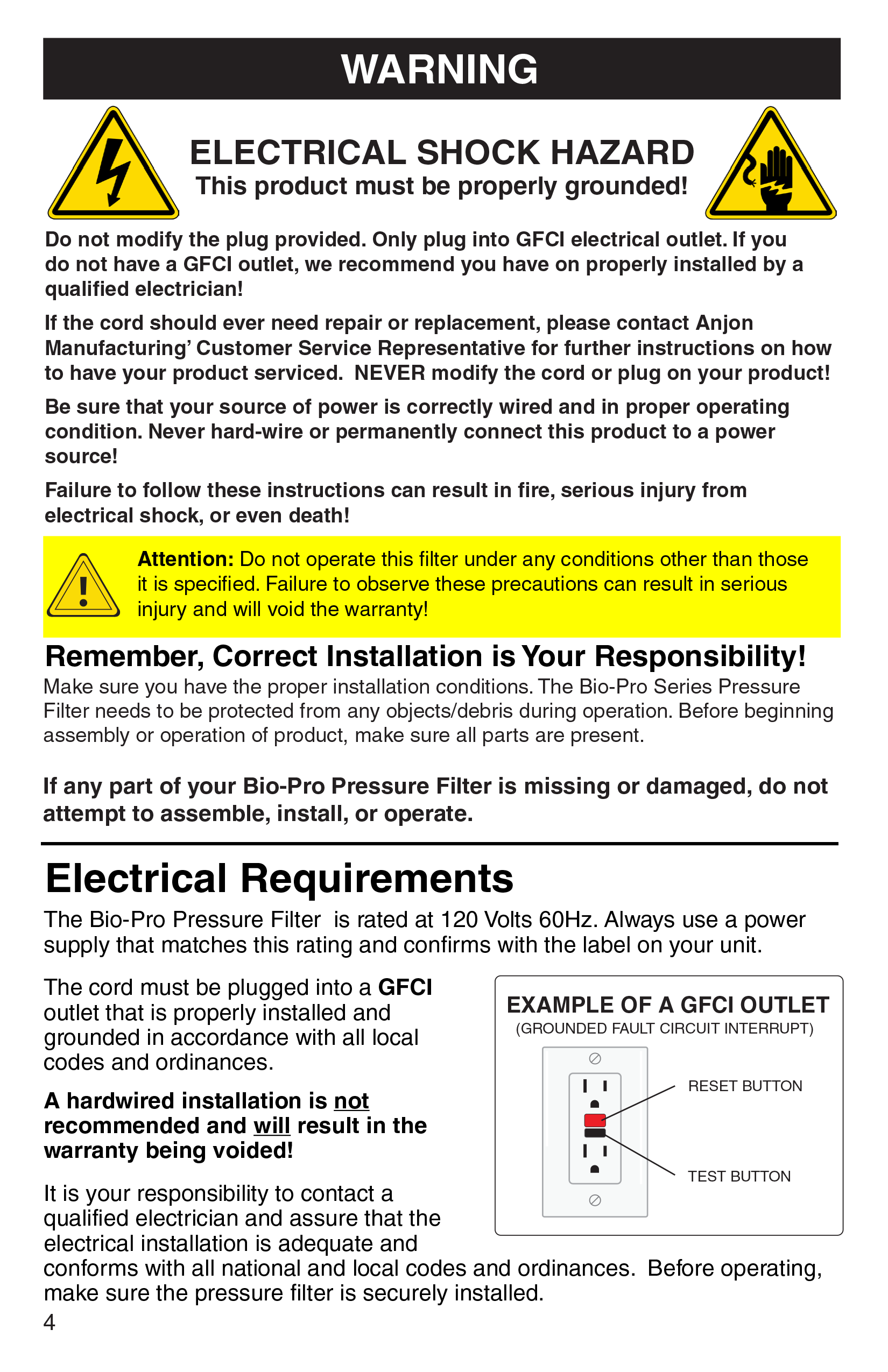 BioPro Pressure Filter Manual page 4 safety instructions