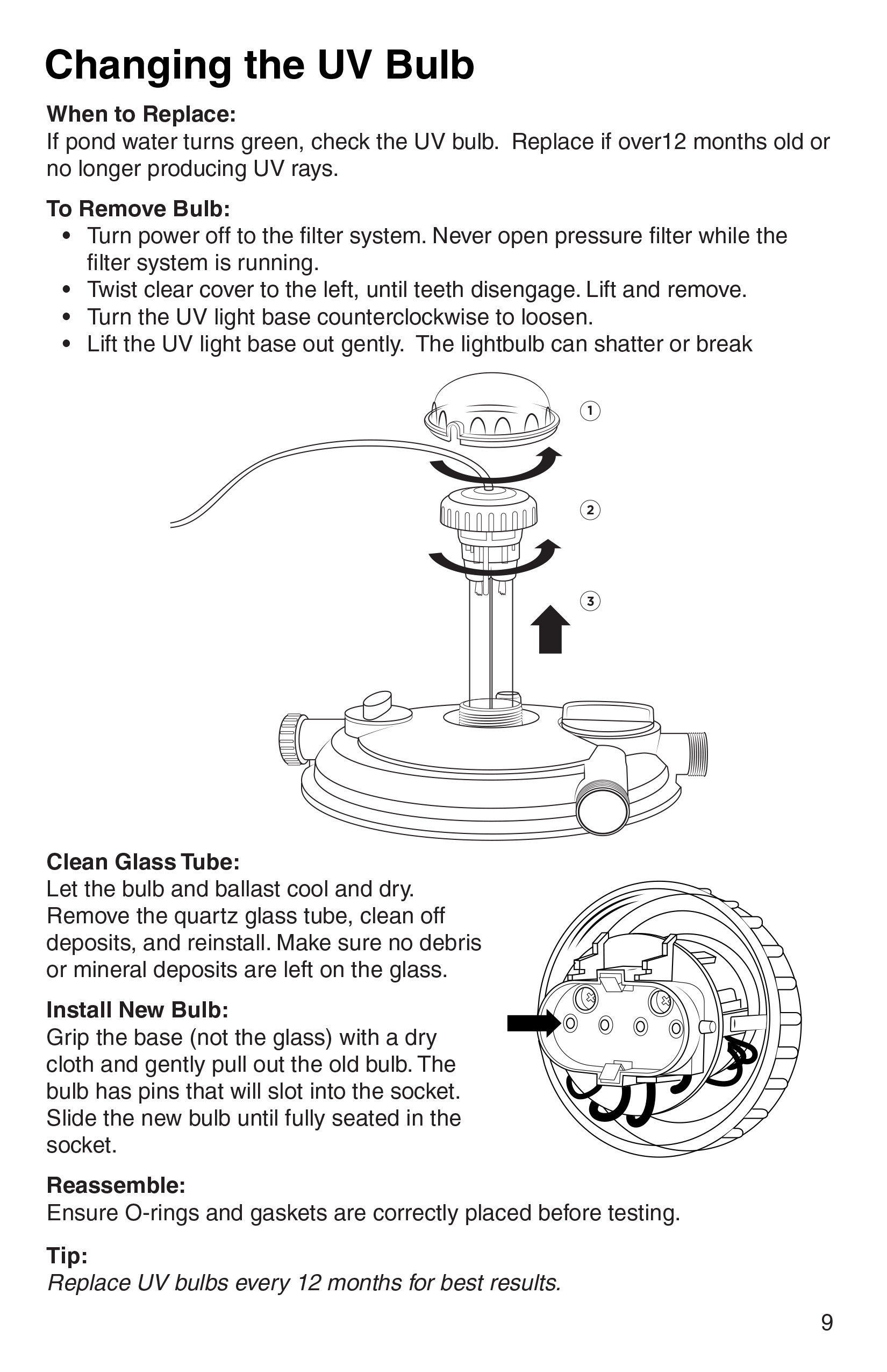 BioPro Pressure Filter Manual page 9 UV Bulb change instructions