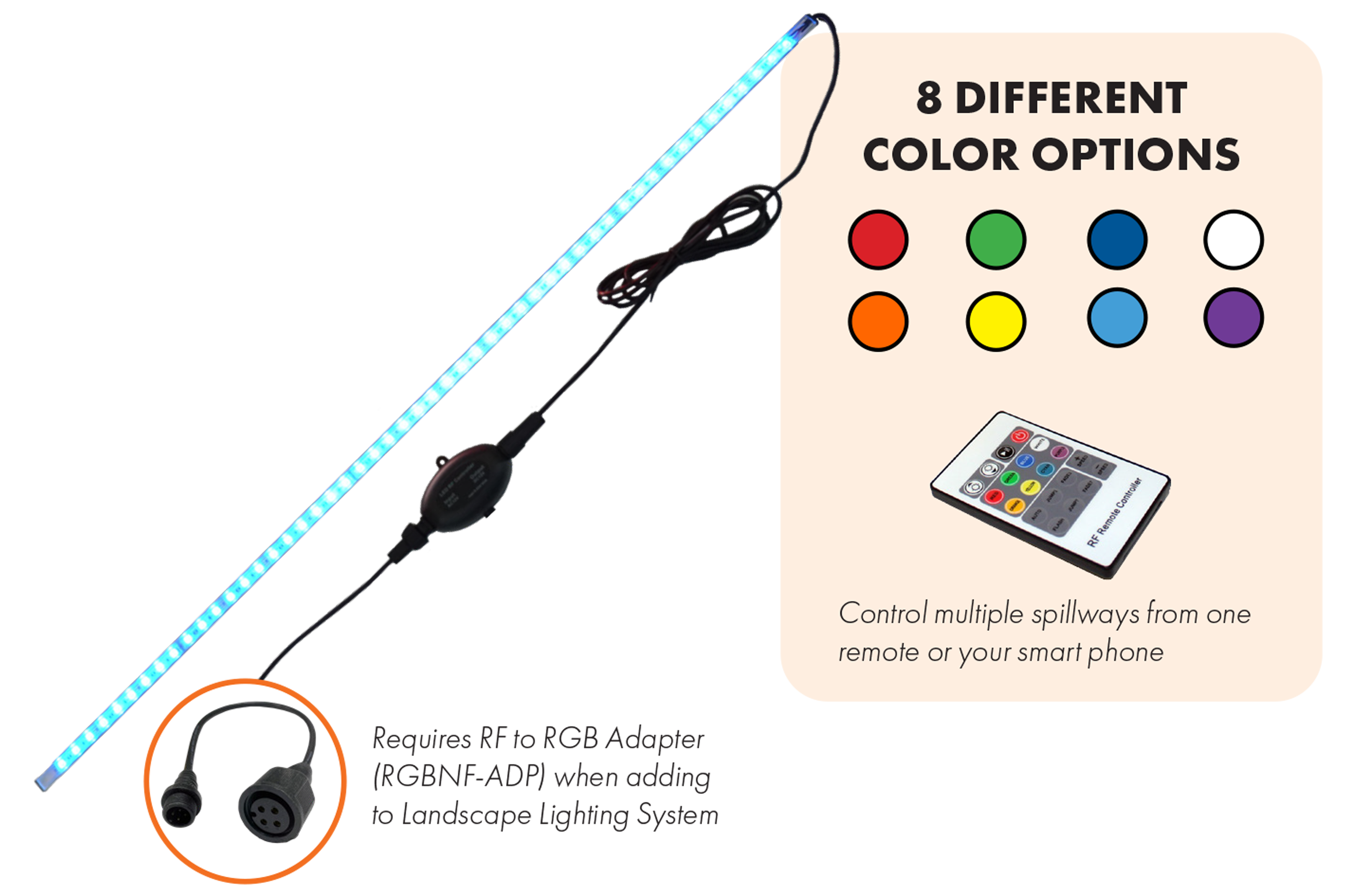 8 Different Color Options!  Control multiple spillways from one remote or smartphone.