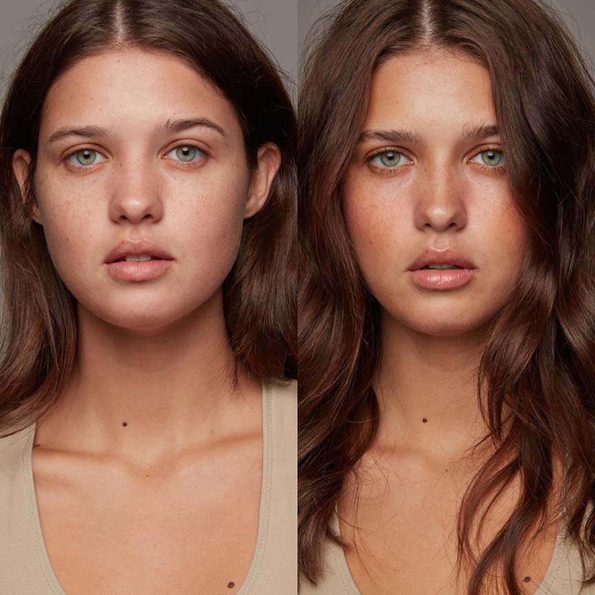 Brunette woman before and after Seint makeup application.