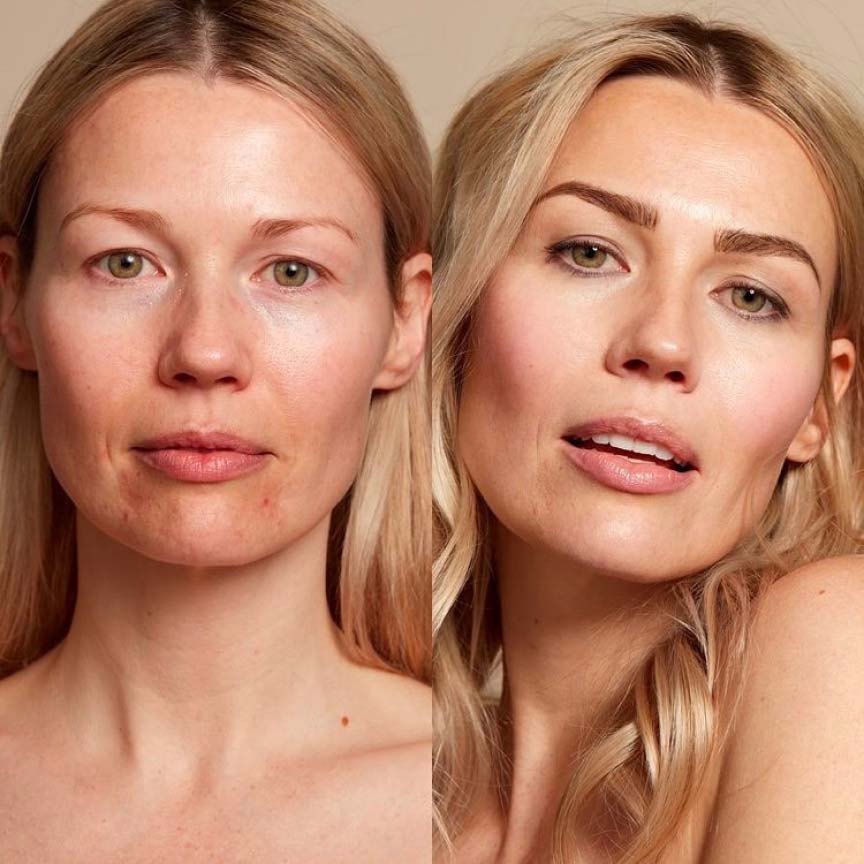 Blonde woman before and after Seint makeup application.