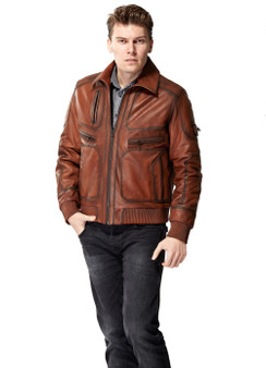 Men's Brown Leather Jacket with Zipped Arm Ho