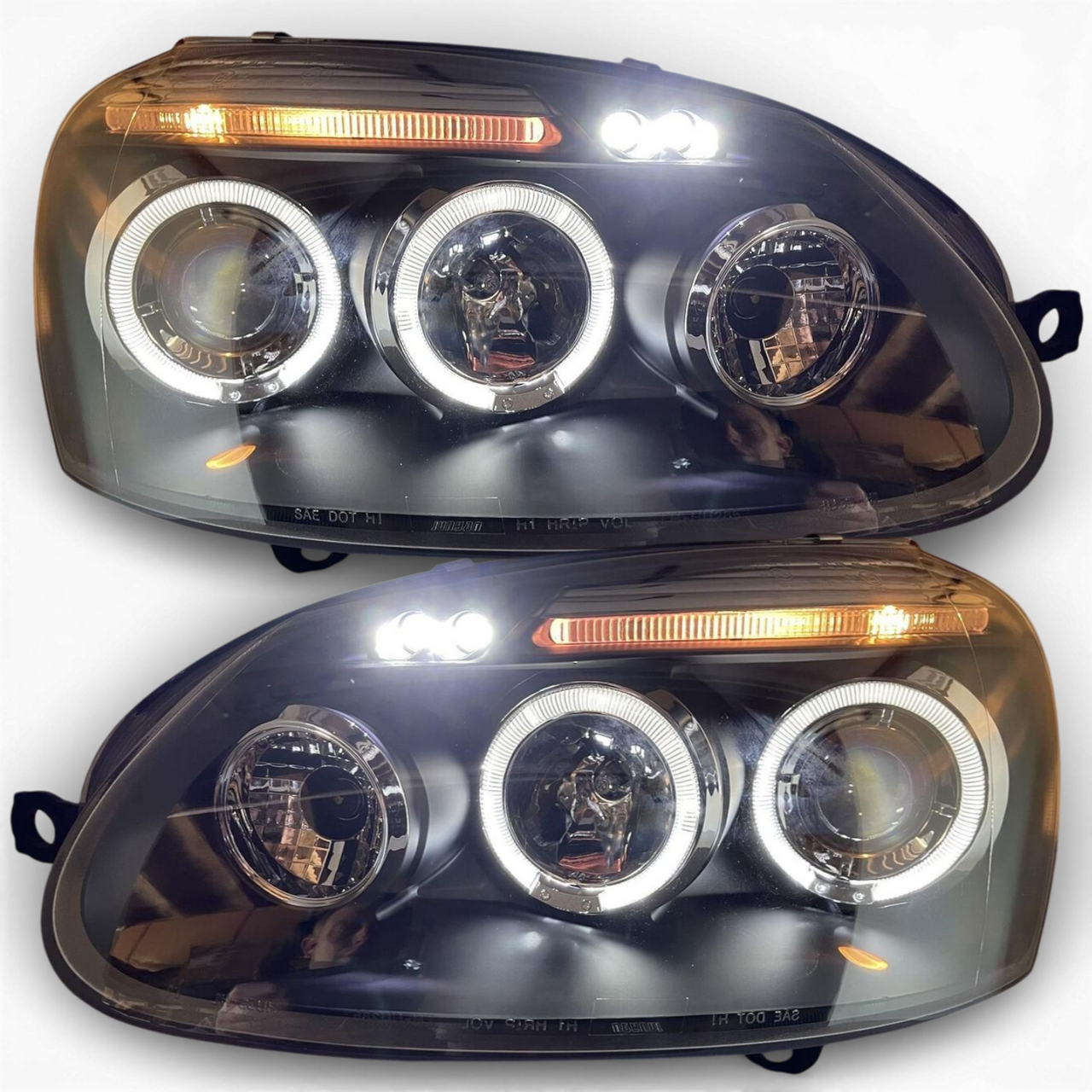 Black Angel Eye Projector Headlights Pair For VW Golf Mk5 2004–2009 H1 LED