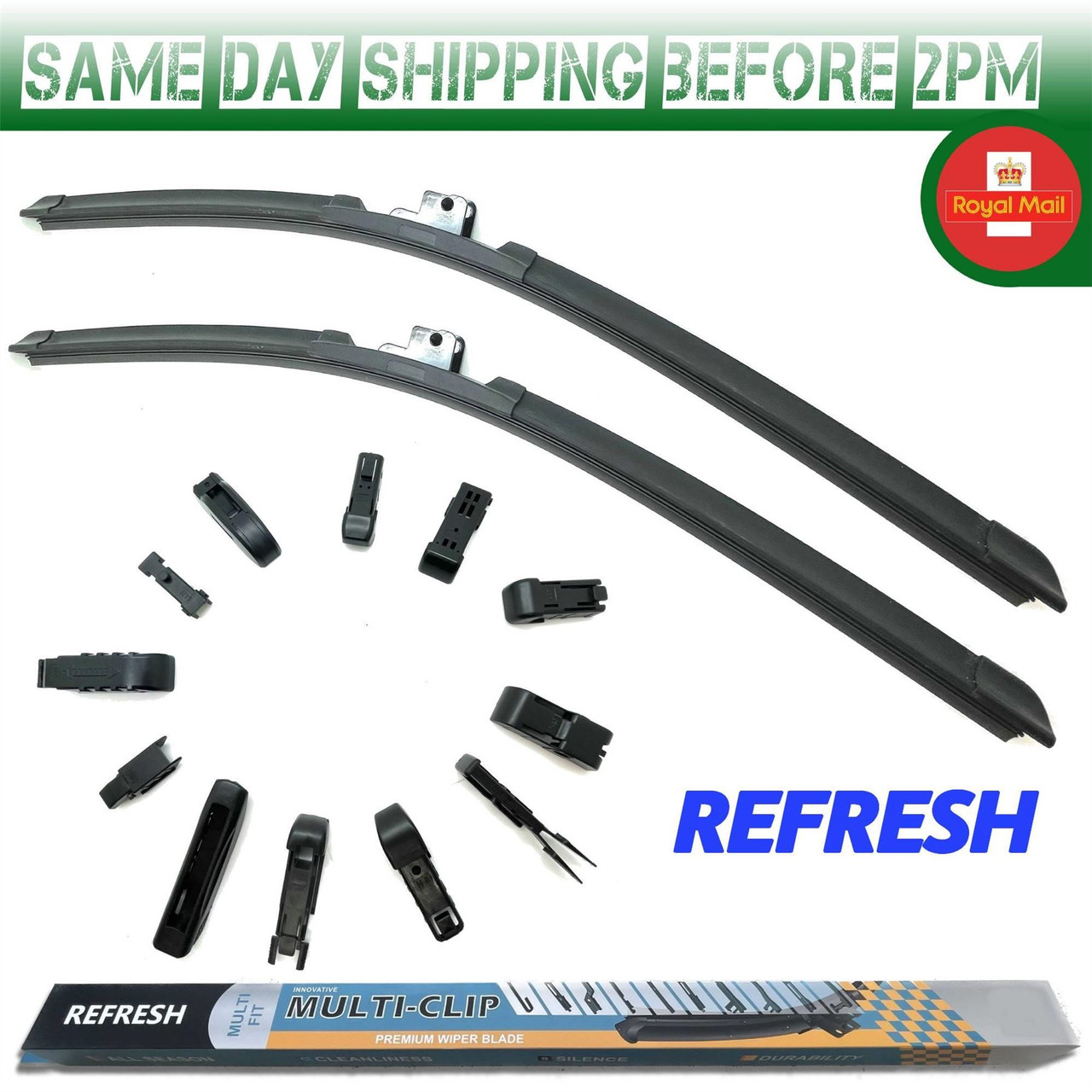 Pair Refresh Aero-D Flat Front Windscreen Wiper Blades Set 23" 26" Multi Fit