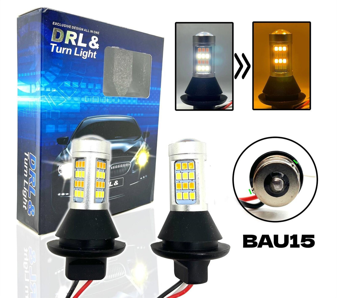 Pair 581 bau15s PY21W Switchback LED DRL Indicator amber white canbus resistor