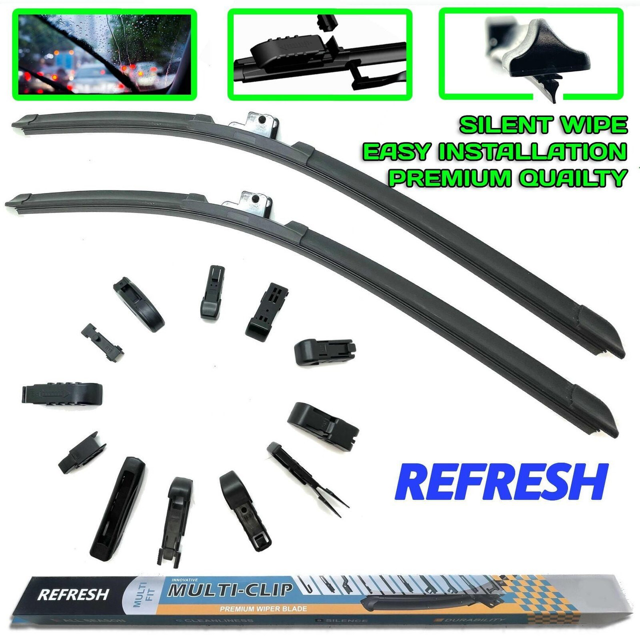 Pair Refresh Aero-D Flat Front Windscreen Wiper Blades Set 19" 15" Multi Fit