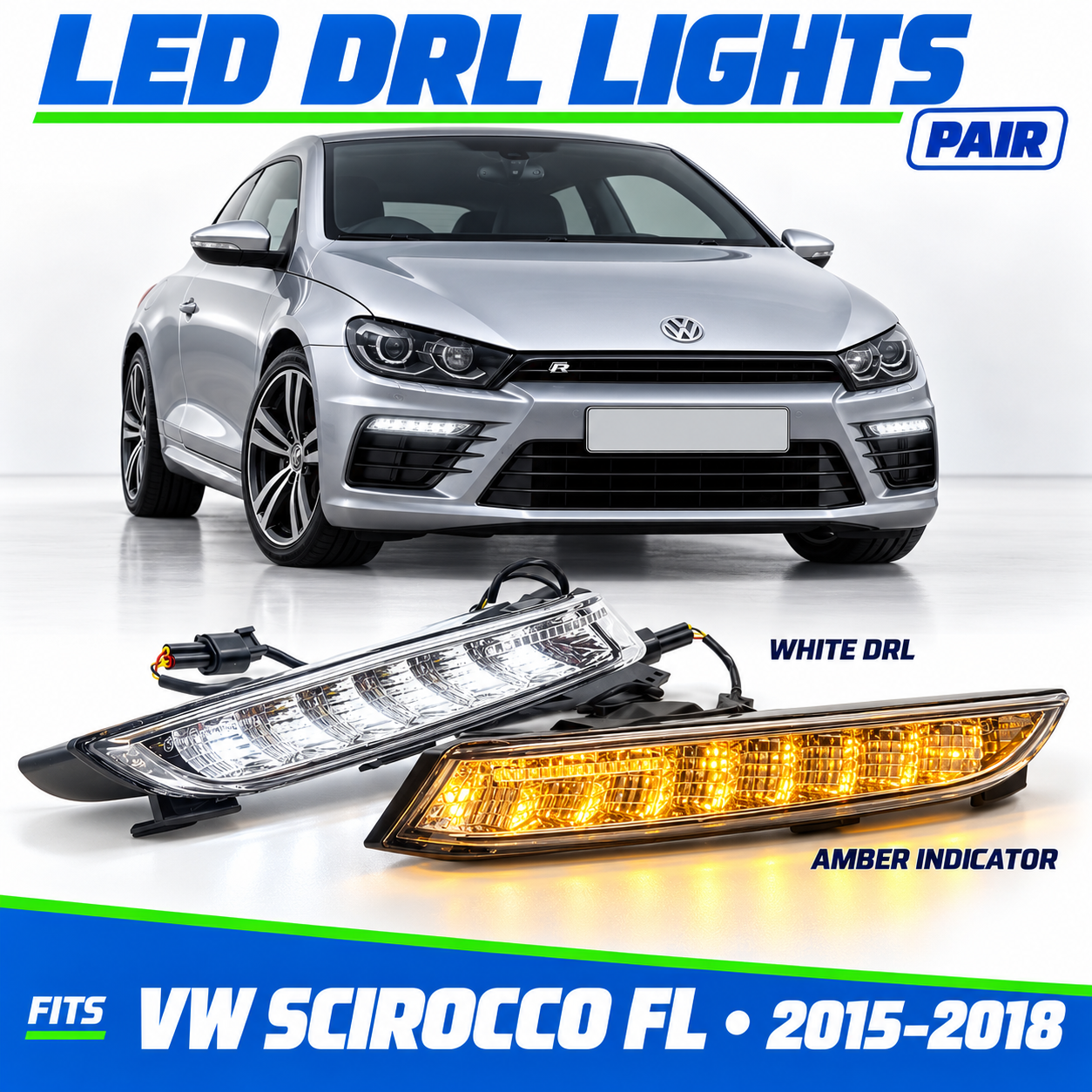 LED White DRL + Indicator set clear chrome for VW Scirocco FL 2014-17