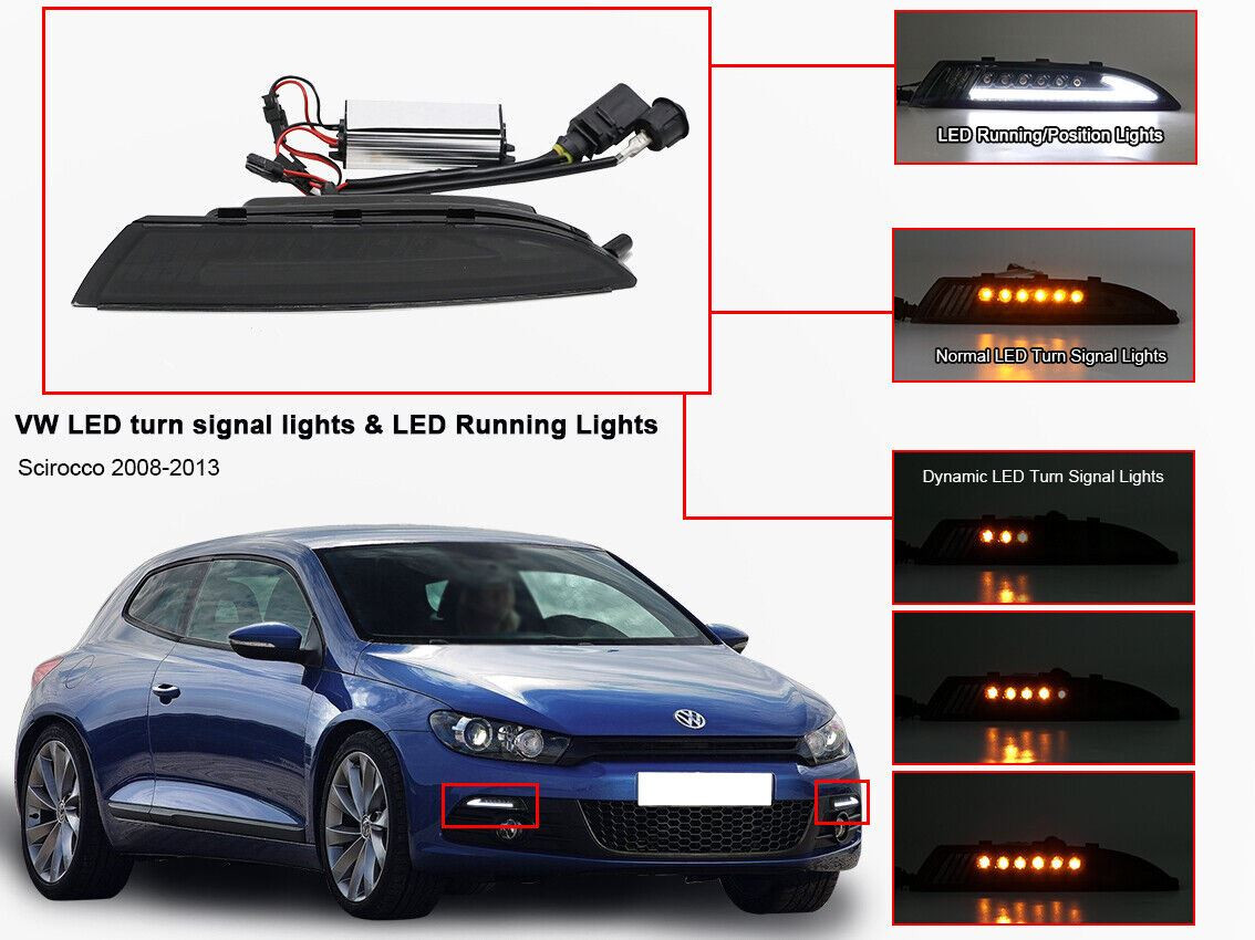 Full white LED DRL units with dynamic indicator for VW Scirocco 2008-2014