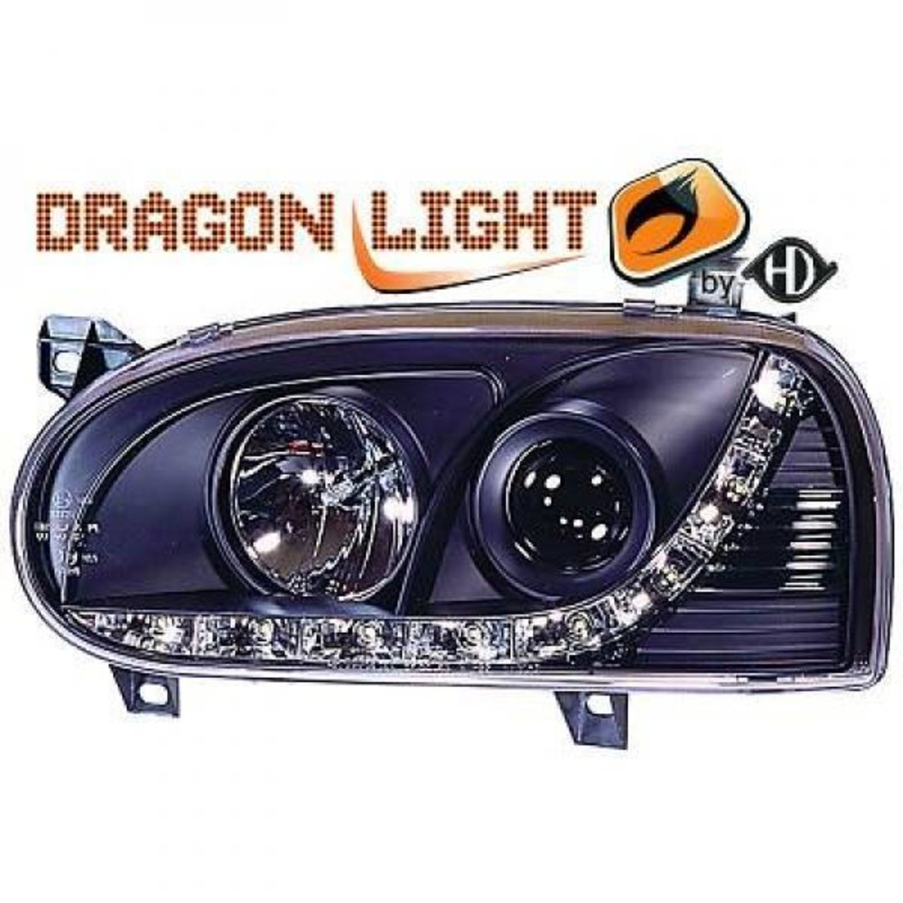 LHD Projector Headlights Pair LED Dragon DRL Lights Clear Black VW Golf III 91-97