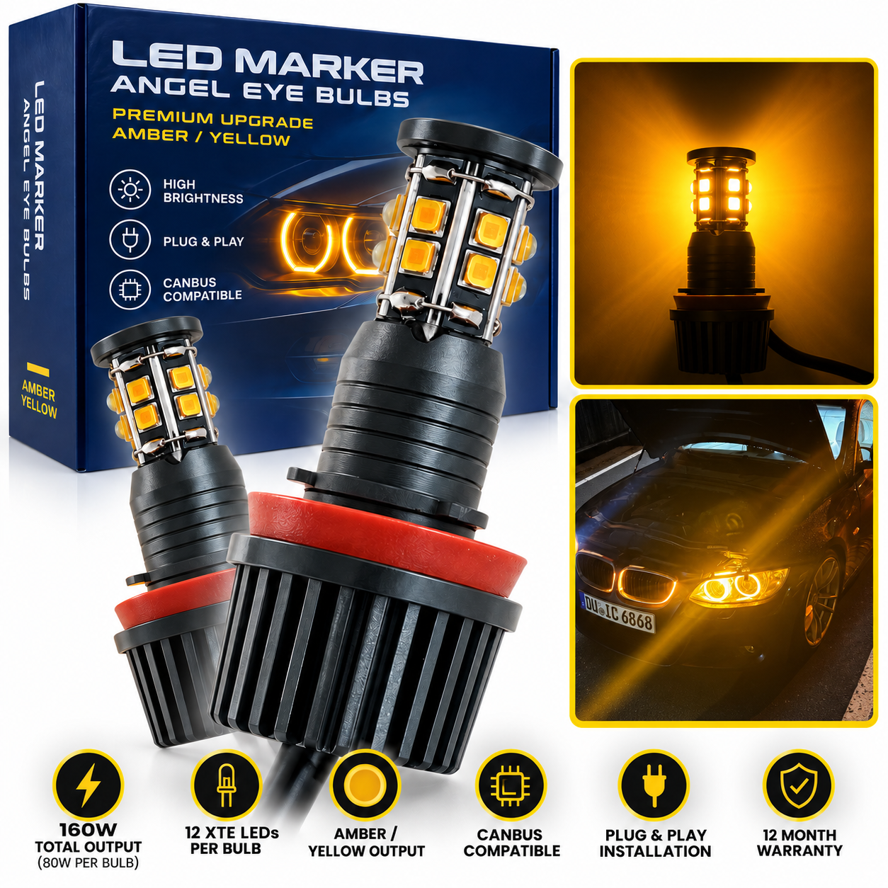 H8 160W LED Angel Eye Bulbs Sunset For BMW E92 E93 E87 E60 E70 CANbus