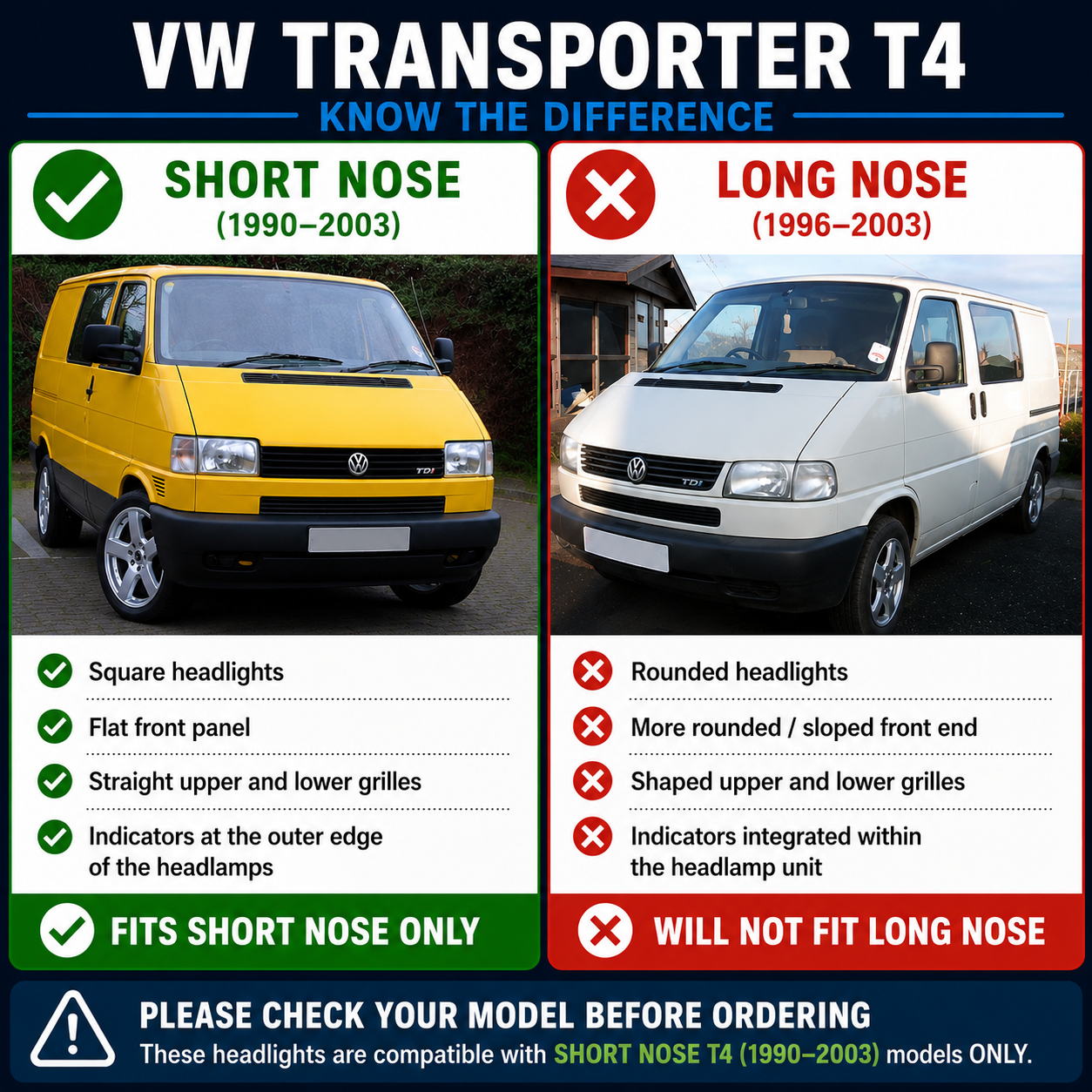 For VW Transporter T4 96-03 Black LED DRL Projector Headlights Lamps Short Nose
